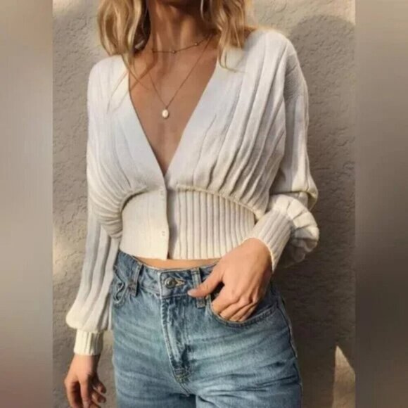 Aritzia Wilfred Thais Knit Plunge Sweater Cardigan Wool Cotton Light Birch XL - Picture 2 of 9